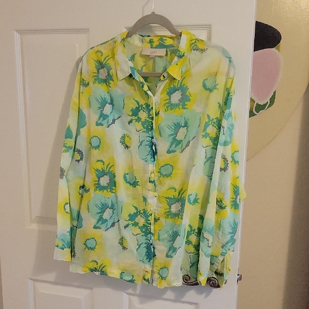 LOFT 100% cotton Floral Button-Up long sleeve oversized sheer blouse